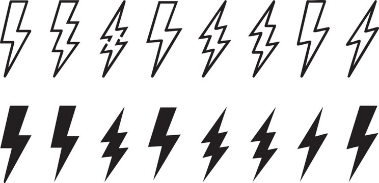 Set of lightning bolt icons in outline and solid styles