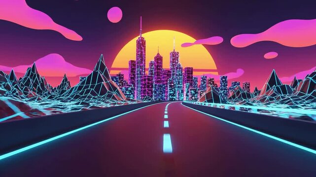 Modern electric car driving through low polygon cityscape, retro 80s synthwave sunset with geometric mountain landscape