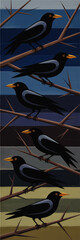 Obraz premium Stylized blackbirds perched on thorny branches at dusk, vector illustration of dark songbirds against layered evening sky