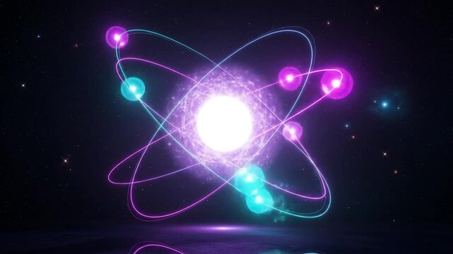 Bright Neon Atomic Structure in Space  Quantum Science  Technology Concept.