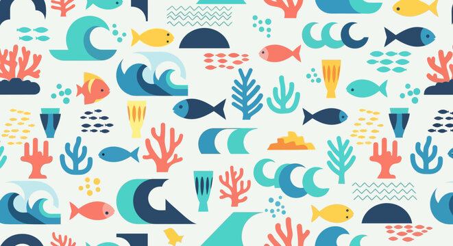 Abstract Ocean Wave Pattern with Fish and Coral - Seamless Vector Illustration