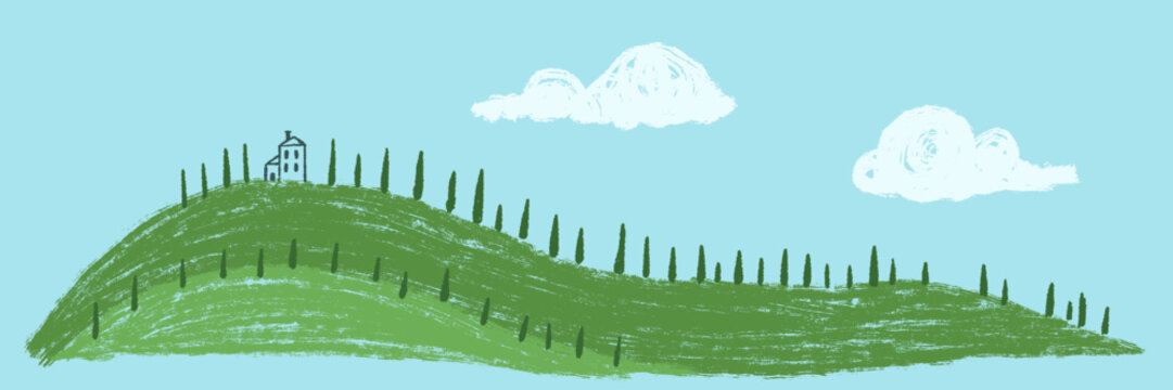 Hand drawn vector illustration of traditional Italian landscape featuring small villa on top of rolling green hill lined with cypress trees under blue sky with textured clouds.