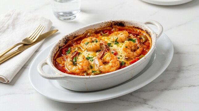 Karides g&uuml;ve&ccedil; prawn casserole karides g&uuml;ve&ccedil; prawn casserole in tomato cheese sauce in white ceramic pot