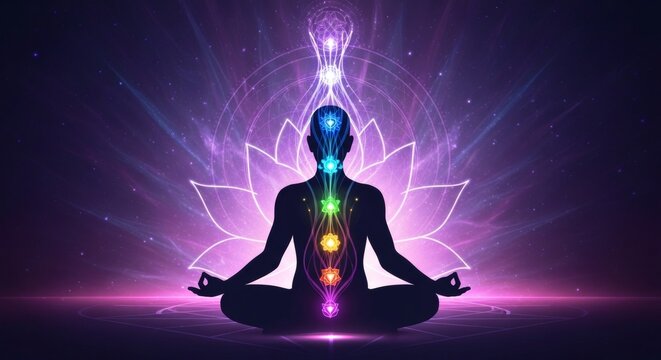 A vibrant illustration of a meditating person in lotus pose with glowing chakras and spiritual energy flowing upwards, set against a mystical purple and pink background.