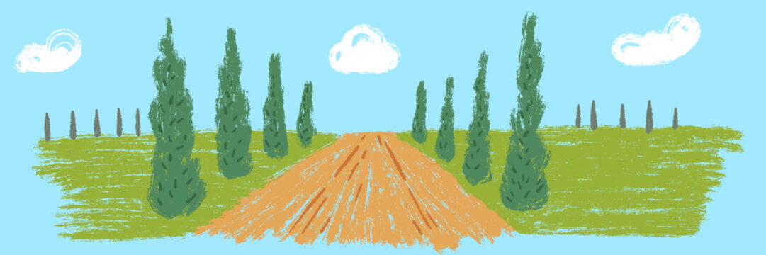 Winding country road under blue sky. Hand drawn stylized vector background featuring central dirt road perspective lined with symmetric cypress trees, green fields and clouds.