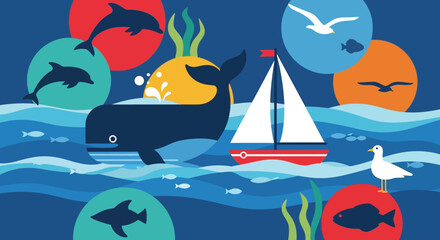 Fototapeta premium Whimsical Ocean Life: Whale, Dolphins, Sailboat, Seagulls, Fish, Underwater Scene