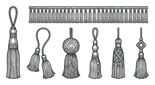 A collection of decorative vintage tassels and fringe trim illustrated in a detailed black and white style