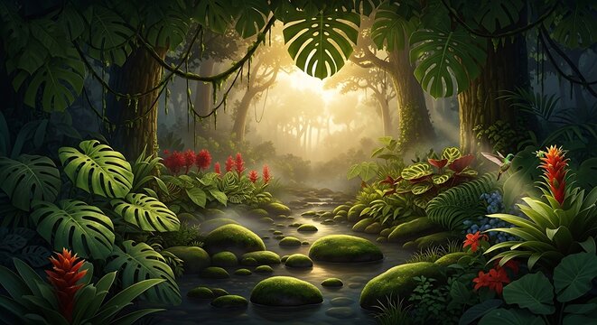 Mysterious jungle path with tropical plants and bright sun rays shining through dense green forest trees at dawn