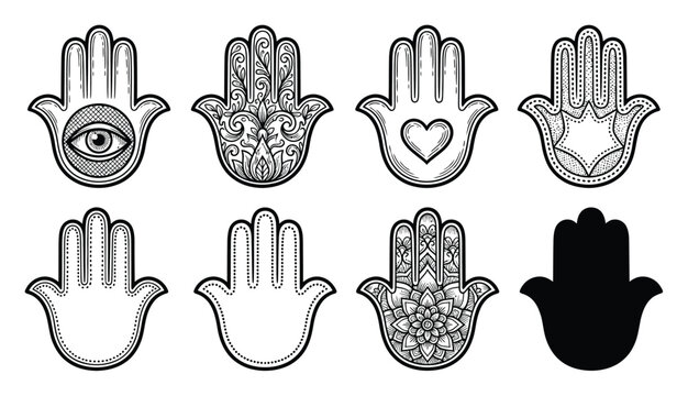 A collection of eight decorative hamsa hand symbols featuring various intricate patterns and spiritual in black and white