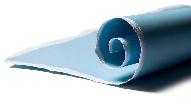 Rolled blue foam board close up white core isolated on white background