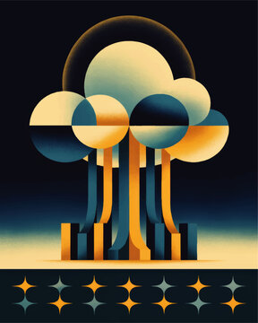 Retro futuristic abstract cloud computing illustration with geometric shapes, teal and yellow gradient digital data network art