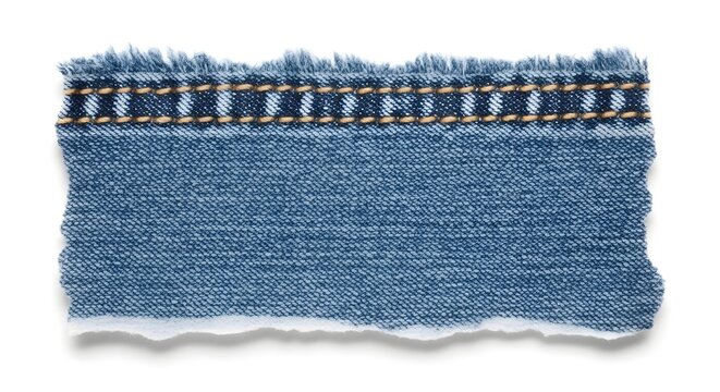 Torn edge of blue denim fabric with decorative stitching