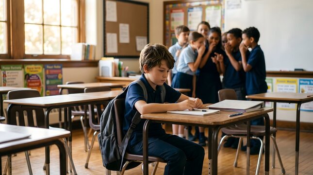 Sad schoolboy sitting alone at desk while classmates whisper and gossip in classroom background.