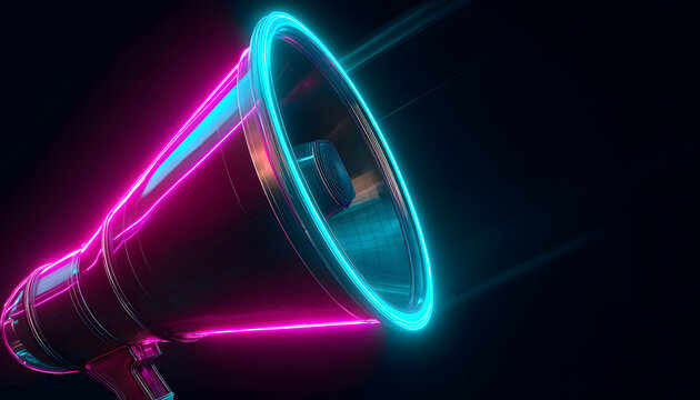 Featuring neon lights and a glowing megaphone on a dark background, it is ready to make an announcement for marketing or advertising purposes.