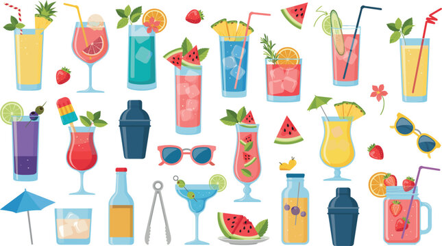 Summer cocktails and tropical drinks elements set with colorful party beverages shaker margarita mojito sunglasses fruit slices beach umbrella and bar icons vector illustration