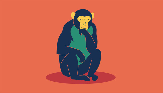 Chimpanzee sitting in a thinking pose on an orange background as a thoughtful monkey illustration representing contemplation or intelligence.