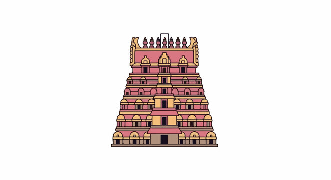 Stylized depiction of a multi-tiered tower with ornate detailing in pink, yellow, and brown
