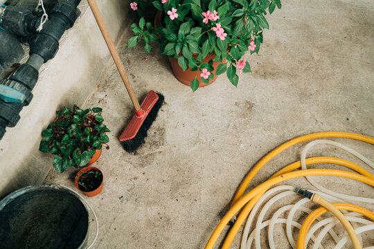 Garden Corner with Potted Flowers and Coiled Water Hose