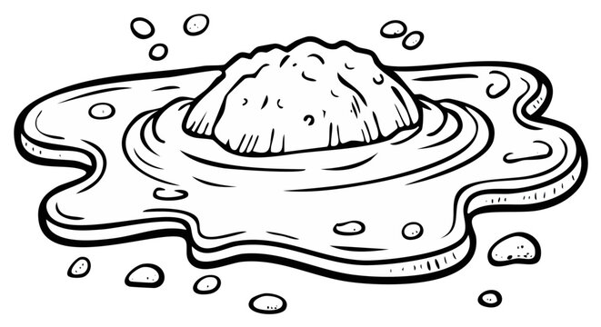 Hand Drawn Illustration of a Mud Puddle with a Small Mound of Dirt and Splashes