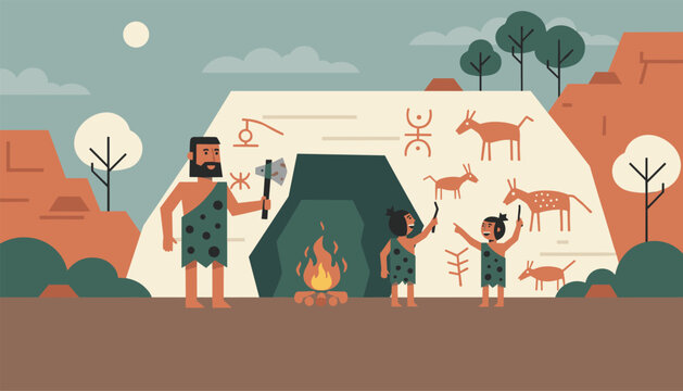 Ancient caveman family with kids painting animals on a cave wall near a warm campfire representing stone age history and lifestyle.