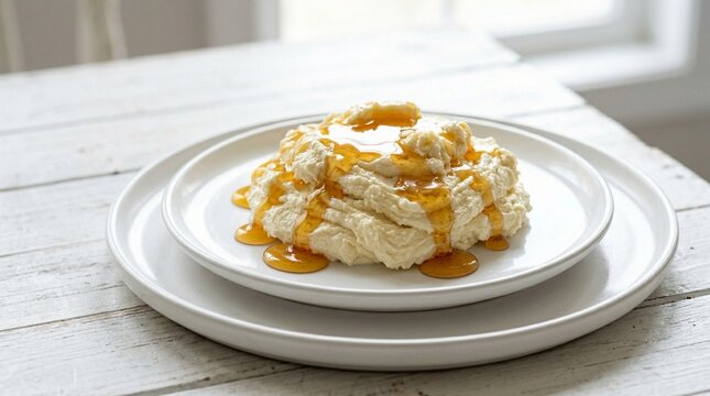 Kaymak clotted cream thick Turkish kaymak clotted cream with honey drizzle on white plate white table close