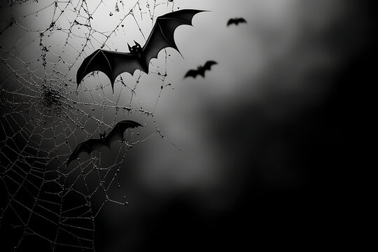 Spooky Halloween background with dark flying bats and a detailed spider web on a moody black and white foggy night