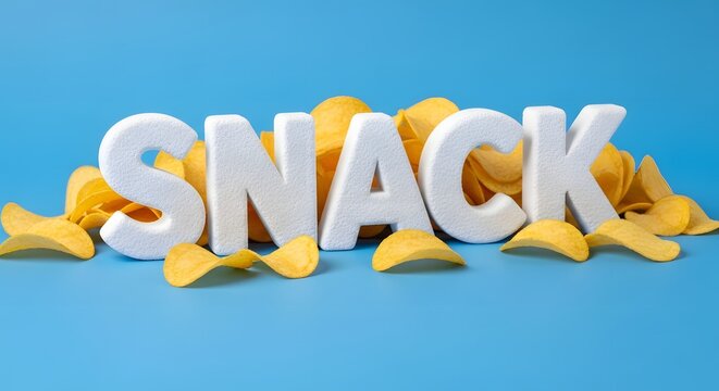 The word snack spelled out with white 3d letters surrounded by potato chips on a blue background