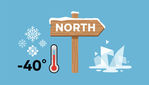 Winter concepts of extreme cold temperatures featuring a wooden North sign, snowflakes, icebergs, and a thermometer.