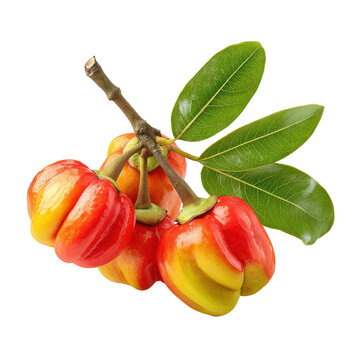 Ripe Garcinia Cambogia fruit cluster with green leaves against soft studio light