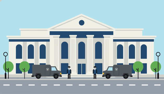 Grand federal bank or government building with classic pillars secured by guards and armored cash delivery trucks.