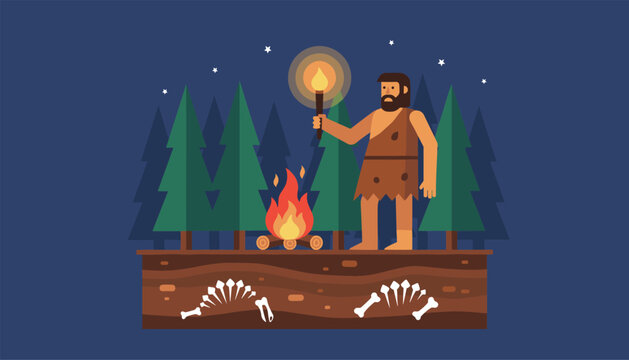 Primitive caveman holding a fire torch next to a campfire in the forest with dinosaur fossils hidden underground.