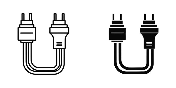 Two electrical power cord plugs in outline and solid black graphic for connection concept