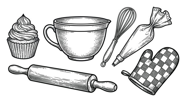 A collection of vintage-style hand-drawn baking tools and a cupcake on a white background