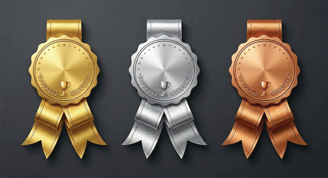 Gold Silver and Bronze Award Medals with Ribbons and Trophy Icon