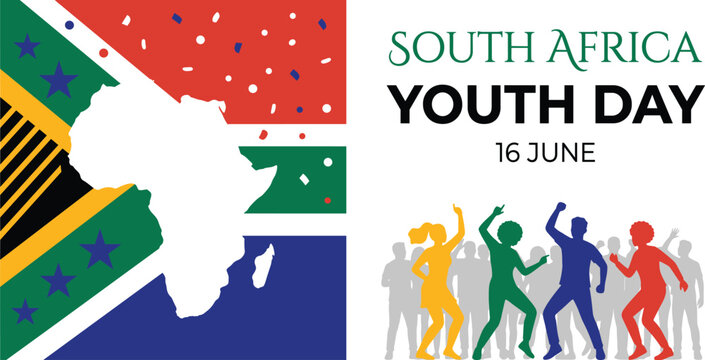 South Africa Youth Day 16 June celebration banner vector illustration with african continent map silhouette and colorful dancing young people crowd
