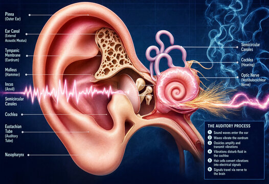 Detailed human inner ear anatomy cross section with auditory process diagram outer