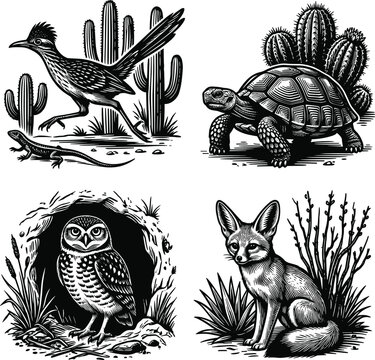 Vintage woodcut style desert wildlife collection with detailed monochrome illustrations of roadrunner tortoise burrowing owl and fox