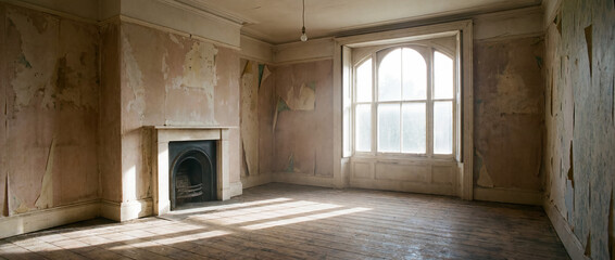 Obraz premium Derelict interior of an old house needing renovation, showing decay and neglect. Empty room with worn wooden floor