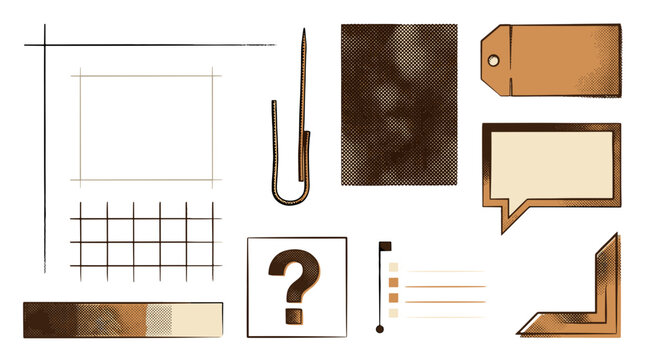 Collection of vintage and rustic objects including tools, tags, and decorative elements on a neutral background