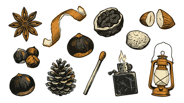 Collection of natural elements including spices, herbs, pine cone, stones, and vintage lantern