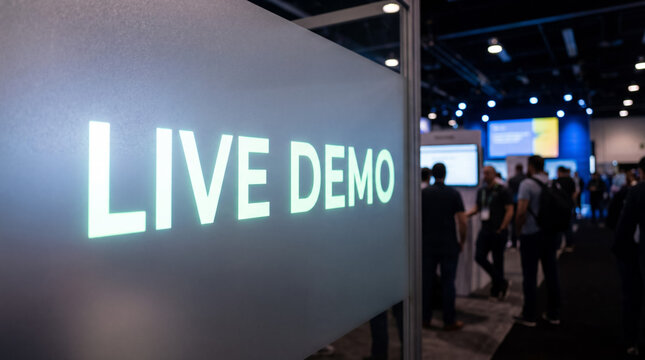 Live demo sign at a buzzing tech conference, attracting visitors to a vibrant tradeshow booth in an exhibition hall