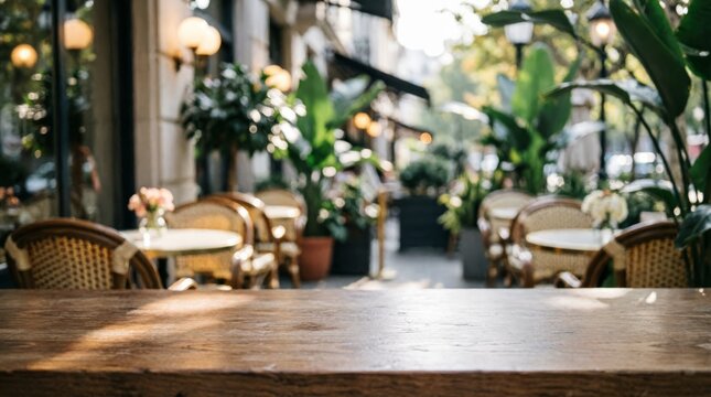 Outdoor Caf&eacute; Terrace with Wooden Table and Greenery for Lifestyle Photography