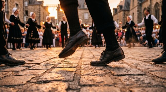 Feet of traditional Breton dancers on cobblestones during Fest-Noz festival