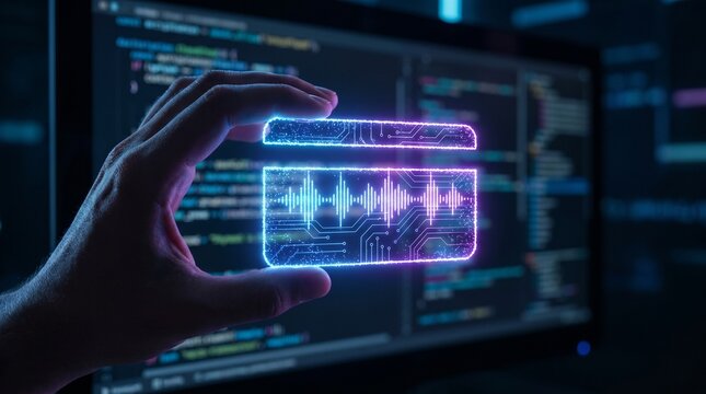 Futuristic digital payment concept with hand holding glowing holographic credit card and soundwave biometric authentication on coding background