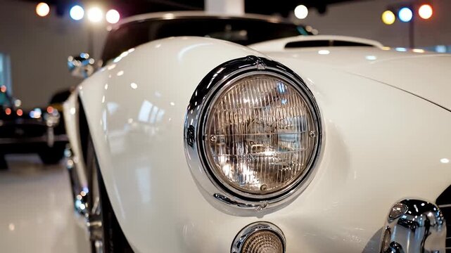 Detail of a white vintage car front and headlight.