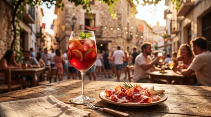 Fototapeta premium Fresh sangria and jamon tapas on a rustic table at La Tomatina afterparty.
