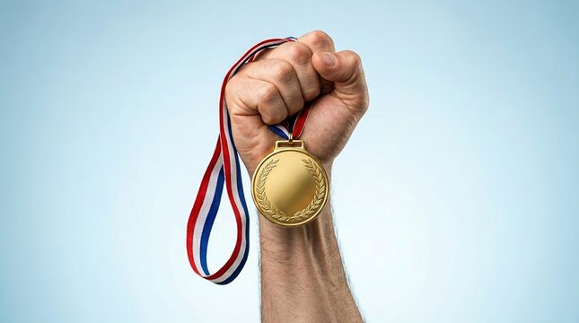 Strong hand holding gold medal with ribbon raised high against clear blue background celebrating victory achievement success excellence or professional sports win.