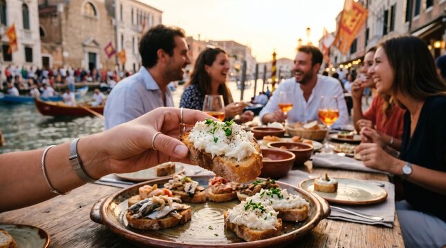 Enjoying Venetian cicchetti platter during Regata Storica festival in Venice