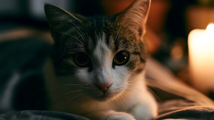 Fototapeta premium An adorable cute animal is captured under warm cozy indoor lighting creating a deeply comforting and peaceful atmosphere