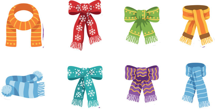Winter scarves set with colorful knitted warm clothes and patterned neck wraps including stripes fringes and checkered details for autumn season vector illustration